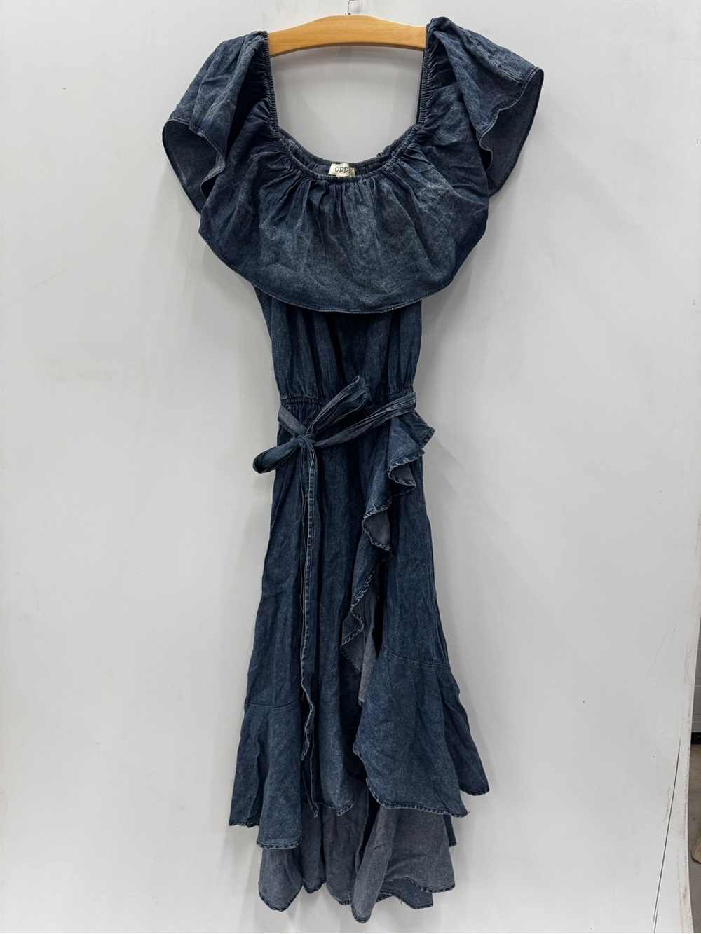 NWT ODDY Lightweight Denim Off the Shoulder Faux Wrap Maxi Dress Size 2XL
